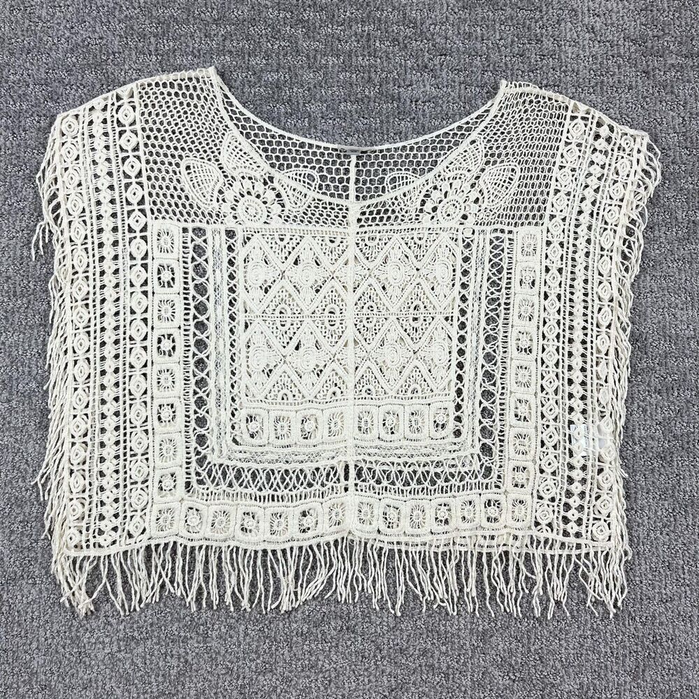 Ecote Crochet Fringe Crop Top Womens XS Ivory Boho Festival Sheer Crochet Cotton